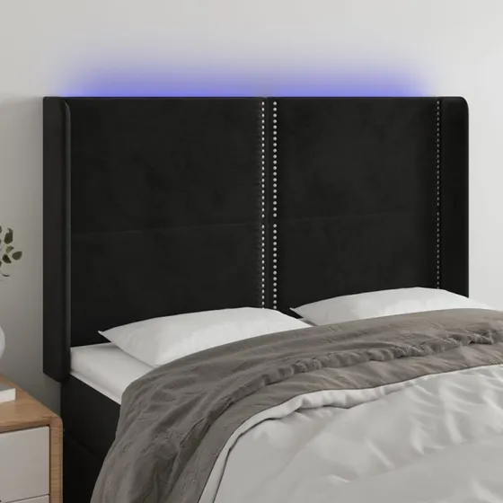 vidaXL Sengegavl med LED-lys 147x16x118/128 cm, fløjl sort