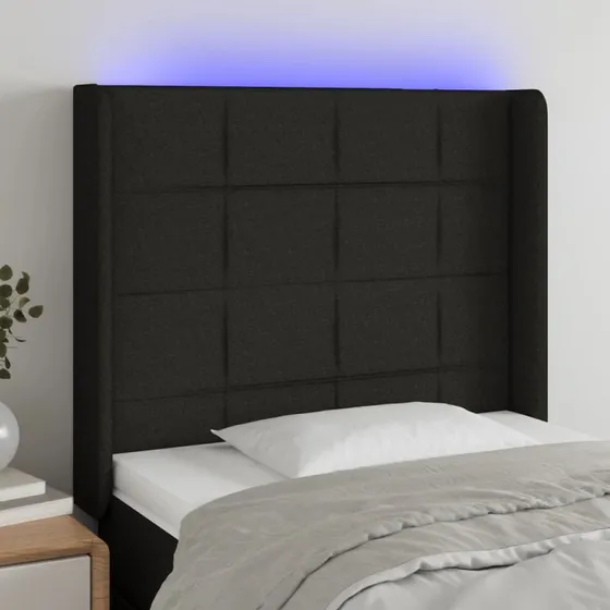 vidaXL sengegavl med LED-lys stof 83x16x118/128 cm sort