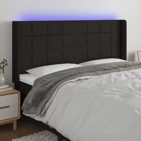 vidaXL sengegavl med LED 163x16x118/128 cm stof, sort