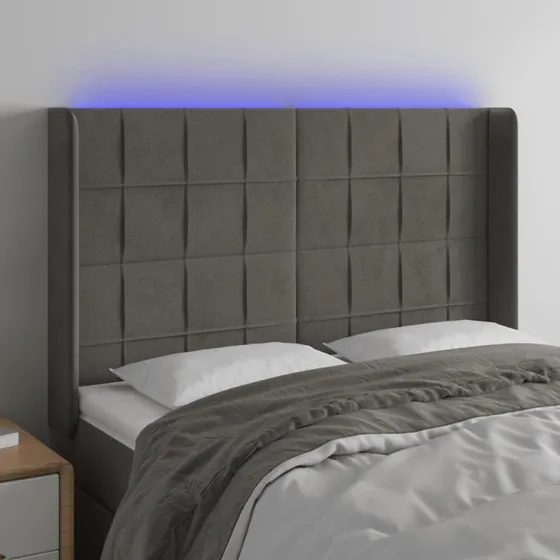 vidaXL Sengegavl med LED 147x16x118/128 cm fløjl mørkegrå