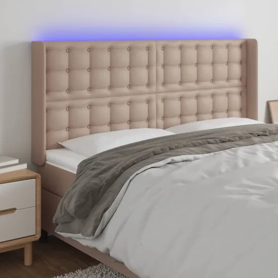 vidaXL sengegavl med LED 147x16x118/128 cm kunstlæder cappuccino