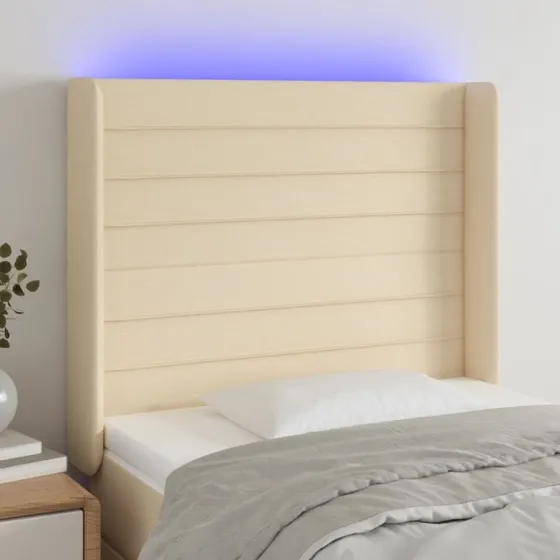 vidaXL sengegavl med LED-lys 83x16x118/128 cm stof creme