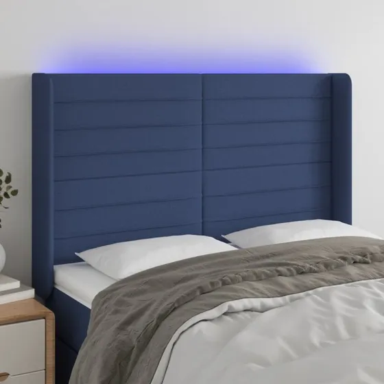 vidaXL sengegavl med LED 147x16x118/128 cm stof blå