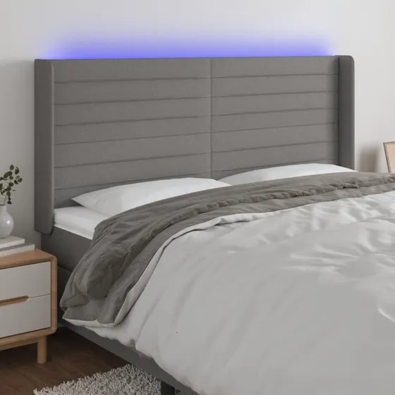 vidaXL sengegavl med LED 163x16x118/128 cm mørkegrå