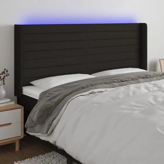 vidaXL sengegavl med LED-lys stof 183x16x118/128 cm sort