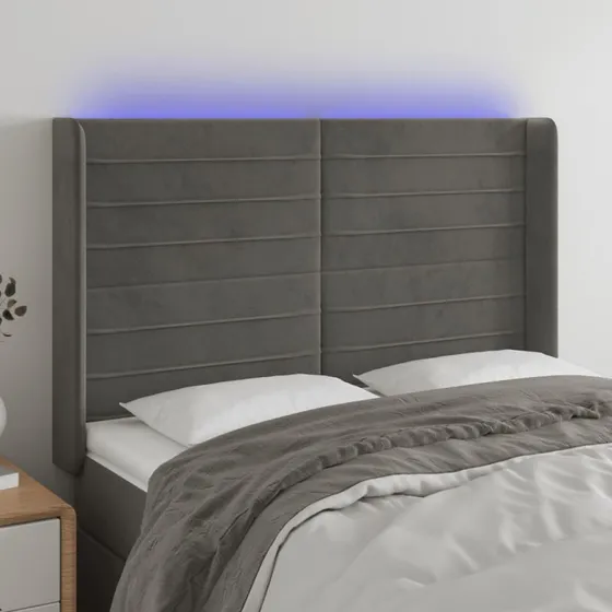 vidaXL sengegavl med LED 147x16x118/128 cm fløjl mørkegrå