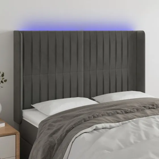 vidaXL sengegavl med LED 147x16x118/128 cm fløjl mørkegrå