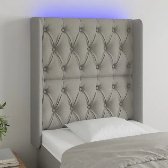 vidaXL sengegavl med LED-lys 83x16x118/128 cm, lysegrå