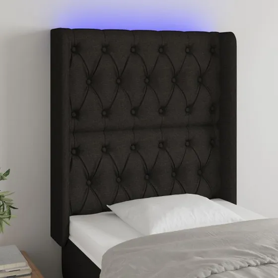 vidaXL sengegavl med LED-lys stof sort 83x16x118/128 cm