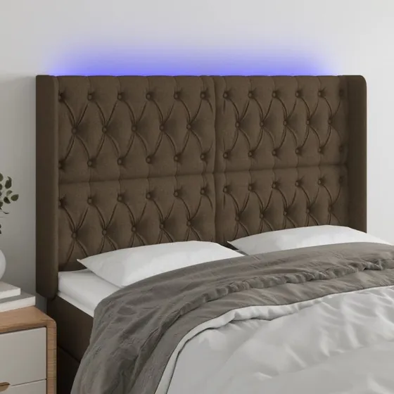 vidaXL sengegavl med LED 147x16x118/128 cm stof mørkebrun