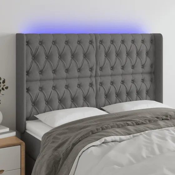 vidaXL sengegavl med LED 163x16x118/128 cm stof mørkegrå
