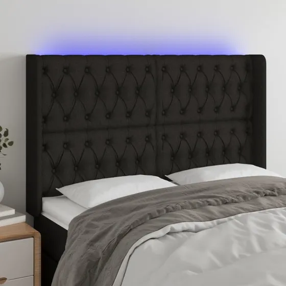 vidaXL sengegavl med LED 163x16x118/128 cm stof sort