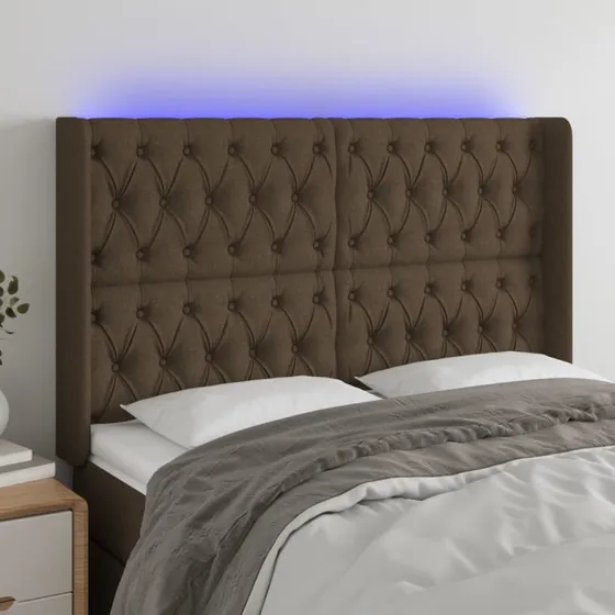 vidaXL sengegavl med LED 163x16x118/128 cm stof mørkebrun