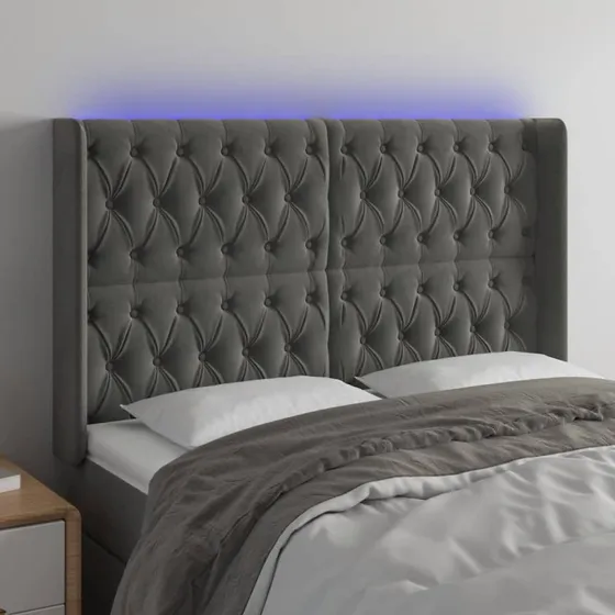 vidaXL sengegavl m. LED 147x16x118/128 cm fløjl mørkegrå