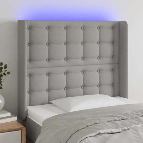 vidaXL Sengegavl med LED-lys 83x16x118/128 cm, lysegrå stof