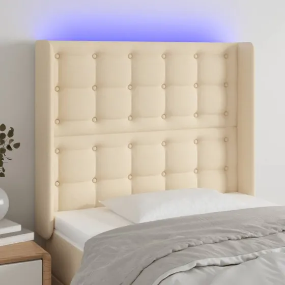 vidaXL Sengegavl med LED-lys 83x16x118/128 cm stof creme