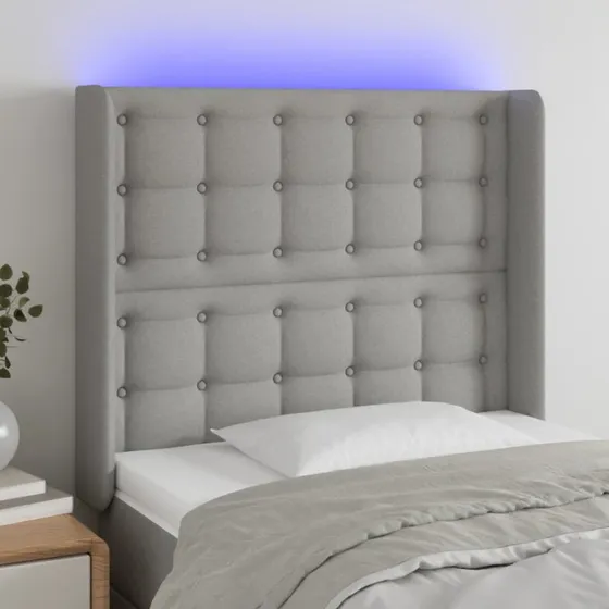 vidaXL sengegavl med LED-lys 93x16x118/128 cm stof lysegrå