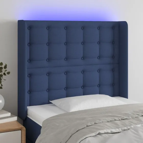vidaXL sengegavl med LED-lys 93x16x118/128 cm blå stof
