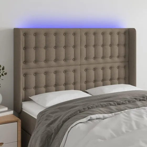 vidaXL sengegavl med LED-lys 147x16x118/128 cm stof gråbrun