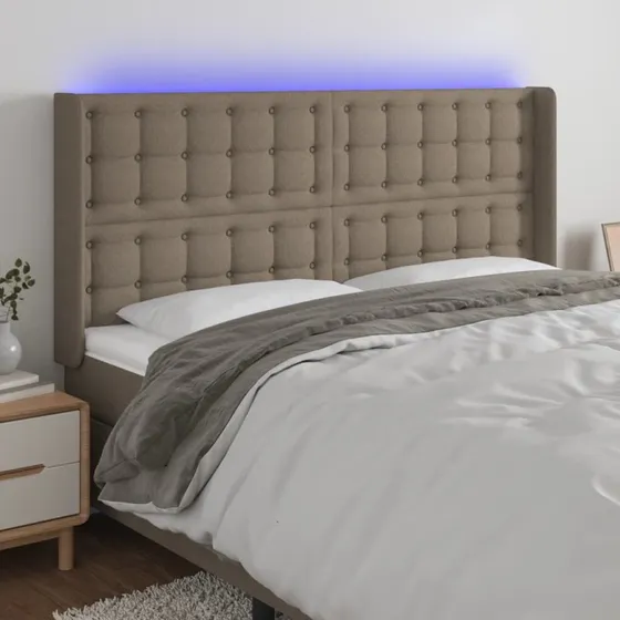 vidaXL sengegavl med LED 163x16x118/128 cm stof gråbrun