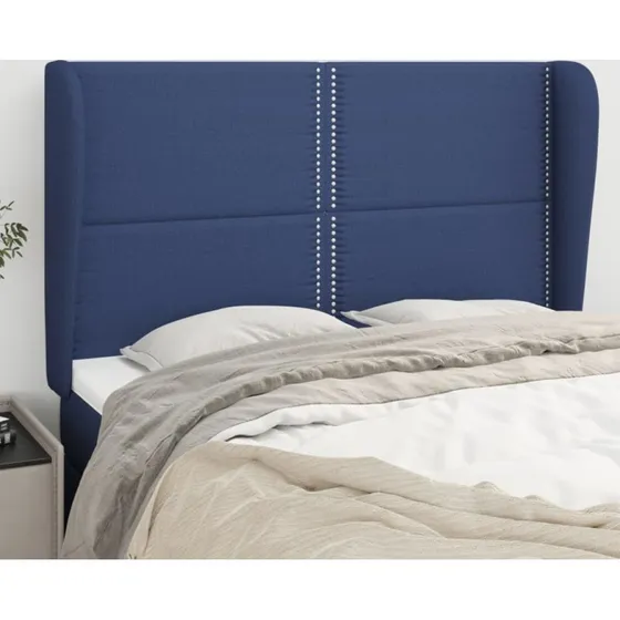 vidaXL Sengegavl med kanter 147x23x118/128 cm, blå stof