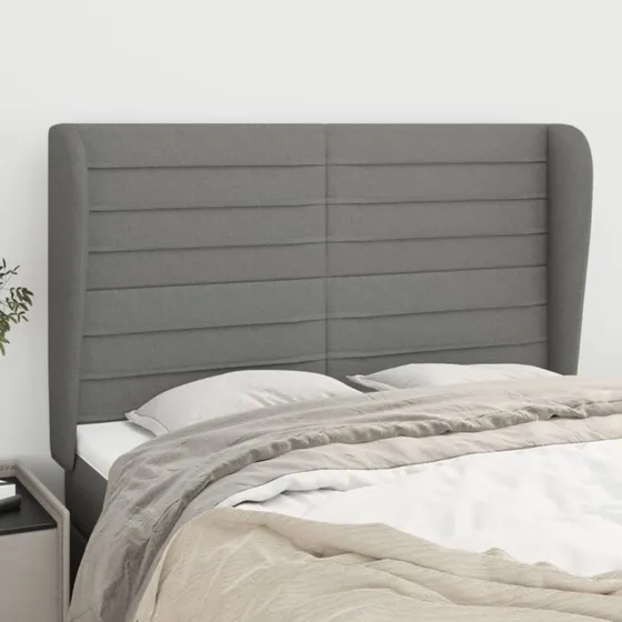 vidaXL sengegavl med kanter 147x23x118/128 cm stof mørkegrå
