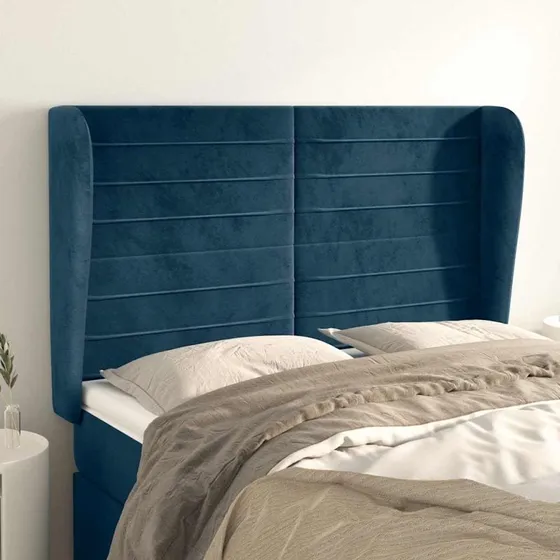 vidaXL sengegavl med kanter 147x23x118/128 cm fløjl mørkeblå