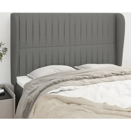 vidaXL sengegavl med kanter 147x23x118/128 cm stof mørkegrå