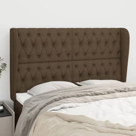 vidaXL Sengegavl med kanter 147x23x118/128 cm stof mørkebrun