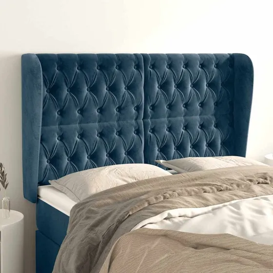 vidaXL sengegavl med kanter 147x23x118/128 cm mørkeblå fløjl