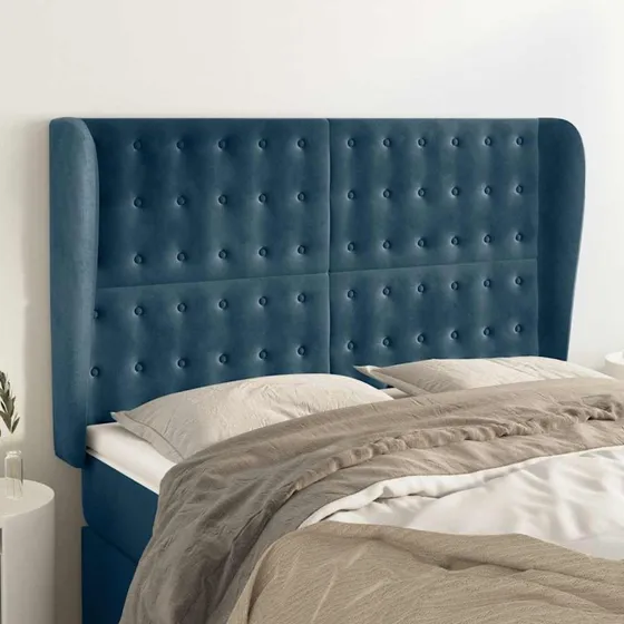 vidaXL sengegavl med kanter 147x23x118/128 cm fløjl mørkeblå
