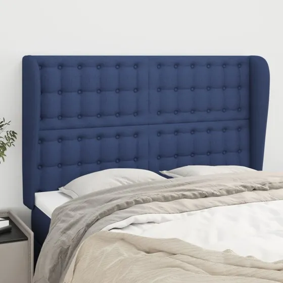 vidaXL sengegavl med kanter 147x23x118/128 cm stof blå