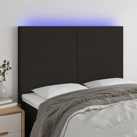 vidaXL sengegavl med LED-lys 144x5x118/128 cm, sort stof