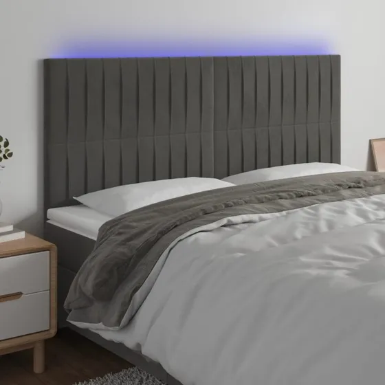 vidaXL sengegavl med LED i fløjl 160x5x118/128 cm mørkegrå