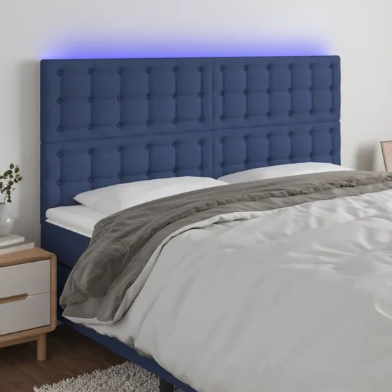 vidaXL sengegavl med LED-lys 160x5x118/128 cm blå stof