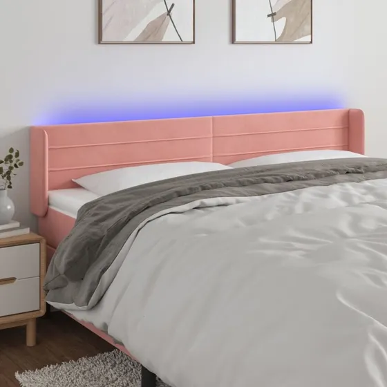 vidaXL sengegavl med LED 163x16x78/88 cm fløjl lyserød