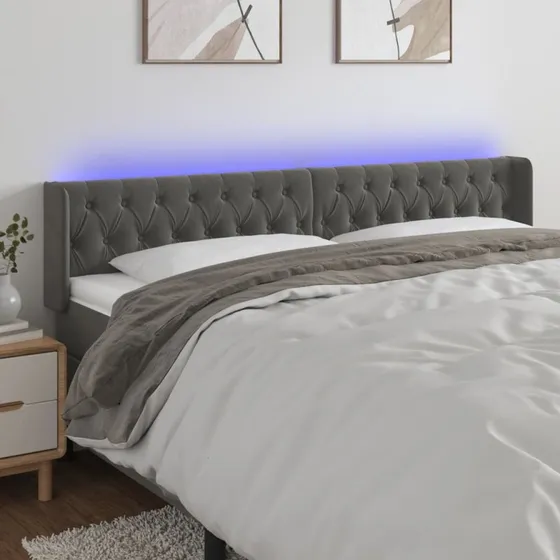 vidaXL sengegavl med LED 183x16x78/88 cm fløjl mørkegrå