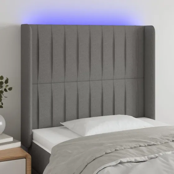 vidaXL sengegavl med LED-lys stof mørkegrå 83x16x118/128 cm