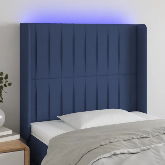 vidaXL sengegavl med LED-lys 93x16x118/128 cm blå stof