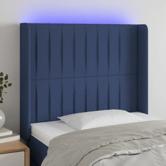 vidaXL sengegavl med LED-lys 103x16x118/128 cm blå stof