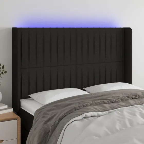 vidaXL Sengegavl med LED-lys 147x16x118/128 cm, sort stof