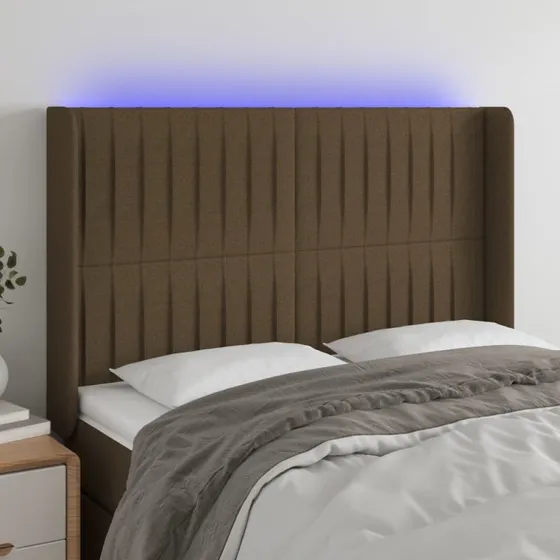 vidaXL sengegavl med LED, stof mørkebrun 147x16x118/128 cm