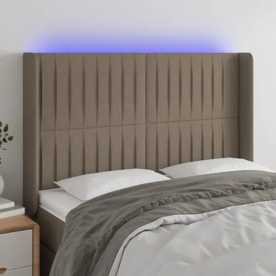 vidaXL Sengegavl med LED, stof gråbrun 147x16x118/128 cm