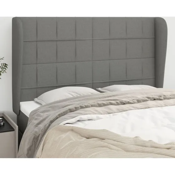 vidaXL sengegavl med kanter 147x23x118/128 cm stof mørkegrå