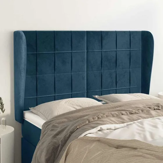 vidaXL sengegavl med kanter 147x23x118/128 cm fløjl mørkeblå