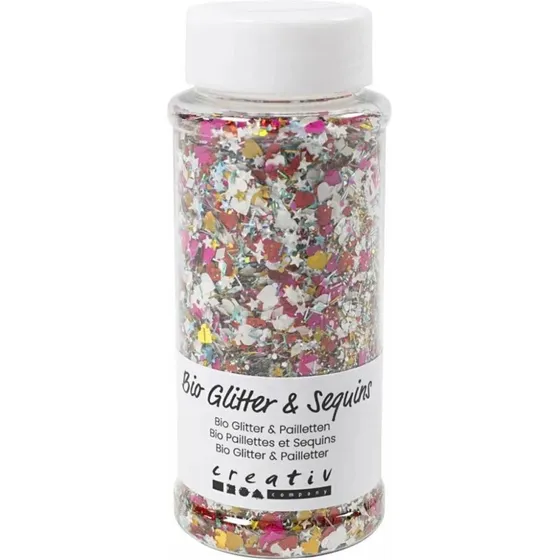 Biologisk nedbrydeligt glitter & pailletter 140 ml – blandede farver