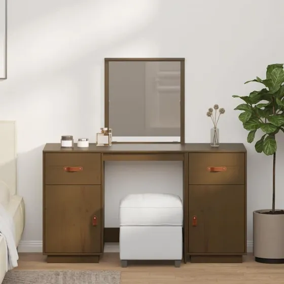 vidaXL makeupbord med spejl i massivt fyrretræ, gyldenbrun