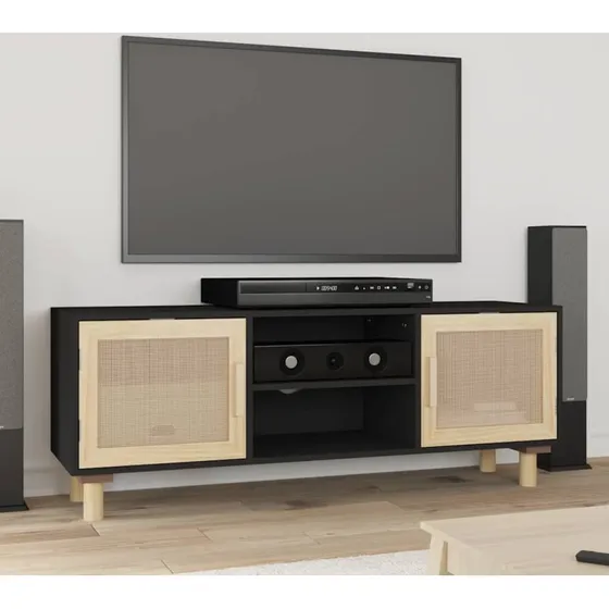 vidaXL TV-bord 105x30x40 cm massivt fyrretræ og rattan, sort