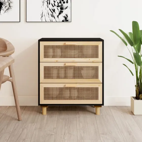 vidaXL skænk 60x30x70 cm massivt fyrretræ og naturlig rattan - sort