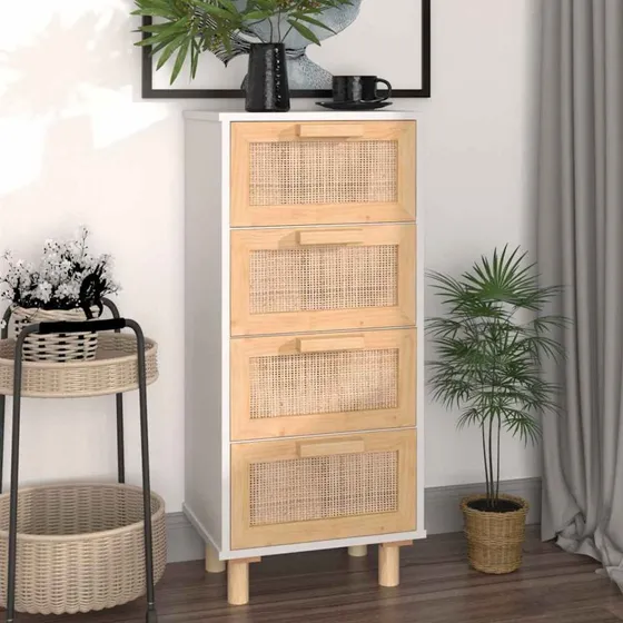 vidaXL skænk 40x30x90 cm fyrretræ & naturlig rattan, hvid